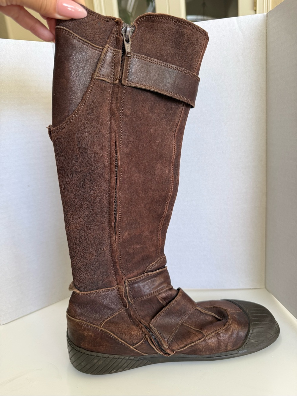 Leather Pataugas Brand Brown and Black Leather Knee-High Zip Up Flat Boots - Picture 4 of 10